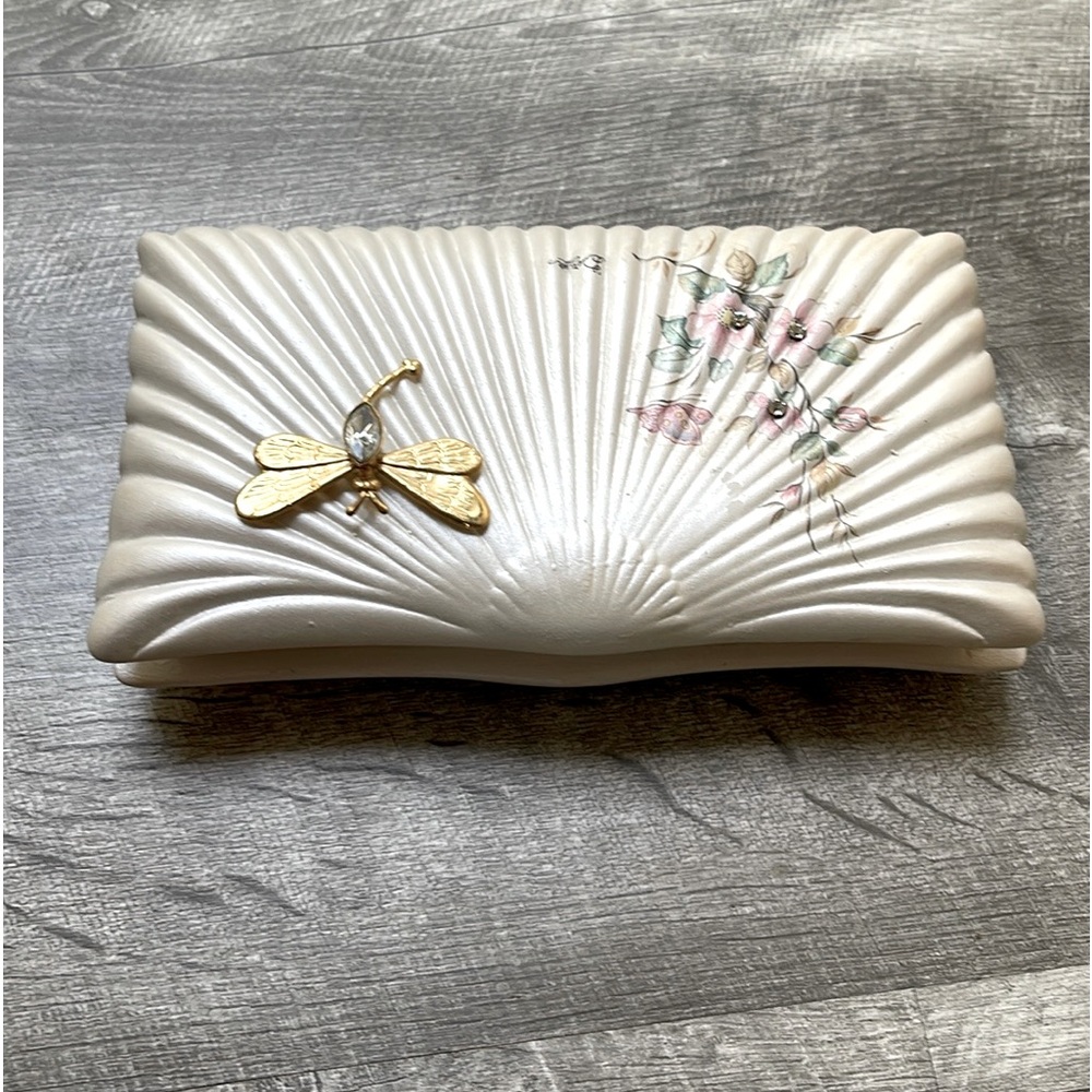 Berger Vintage Dragonfly & Flowers Ceramic Jewelry Box